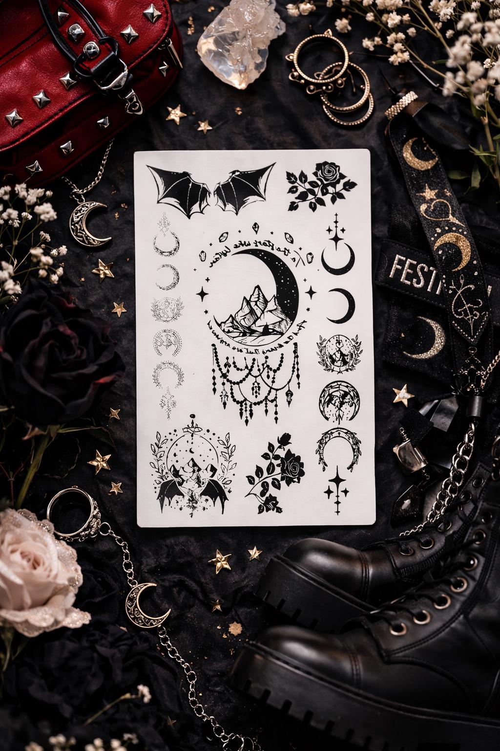 Night Court Temporary Tattoo Sheet | Fantasy Fake Tattoo | Bat Boys Celestial Tattoo | Gothic Body Art