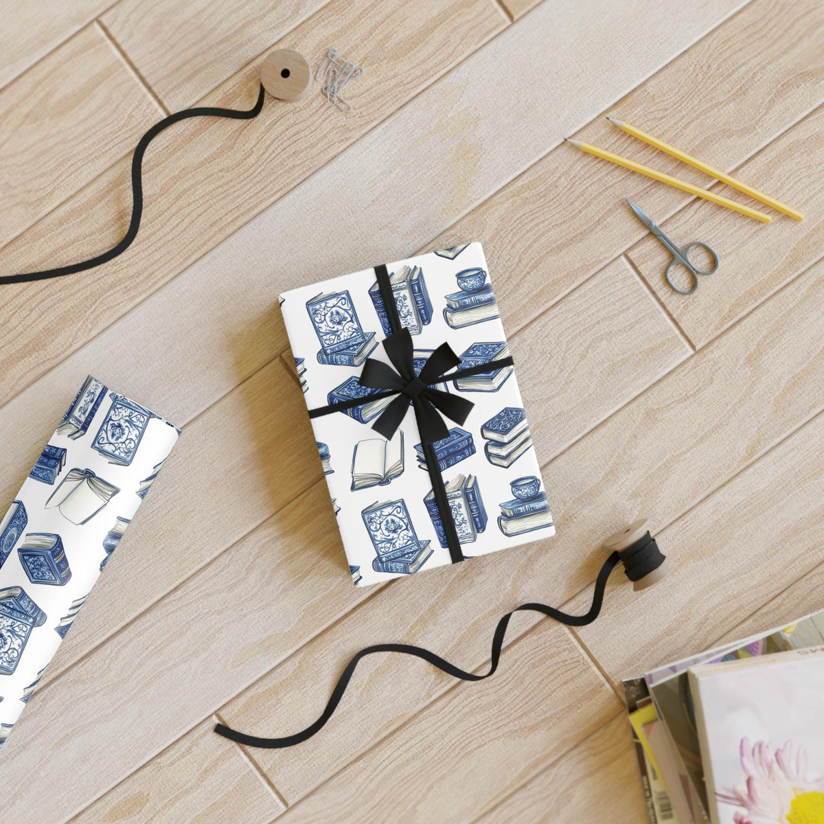 Blue Books Pattern Wrapping Paper, Recyclable Gift Wrap